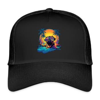 Swimming Dog Palm Trees Mountains Sea - Trucker Cap - black/black - Front
