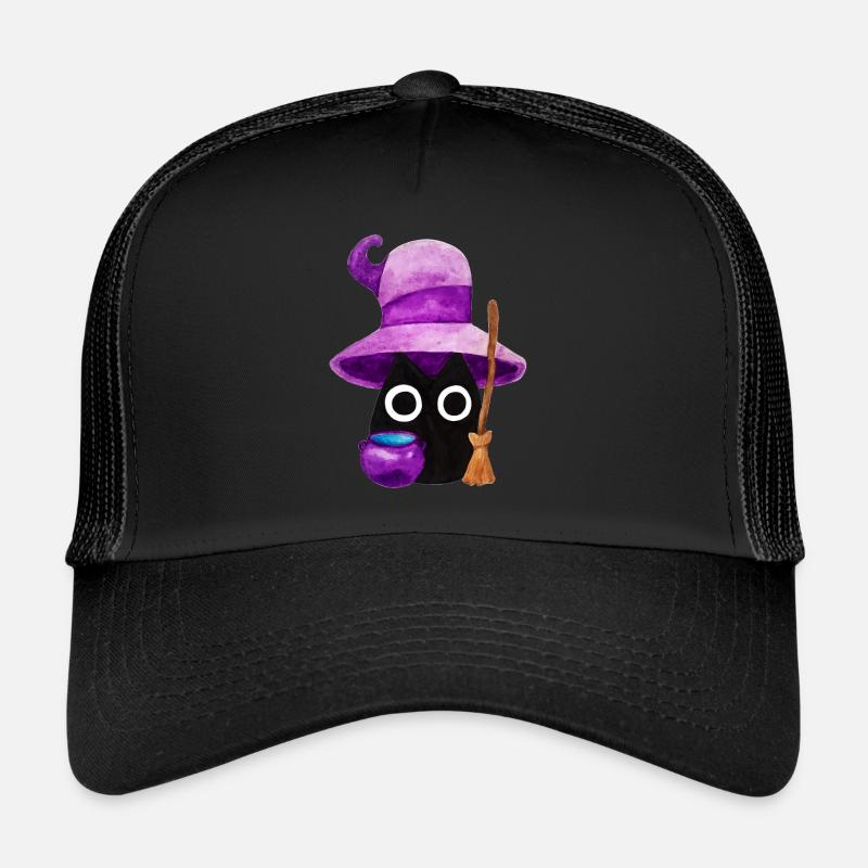 Hexenhafte schwarze Katze mit einem großen lila Hut Aquarell Trucker Cap