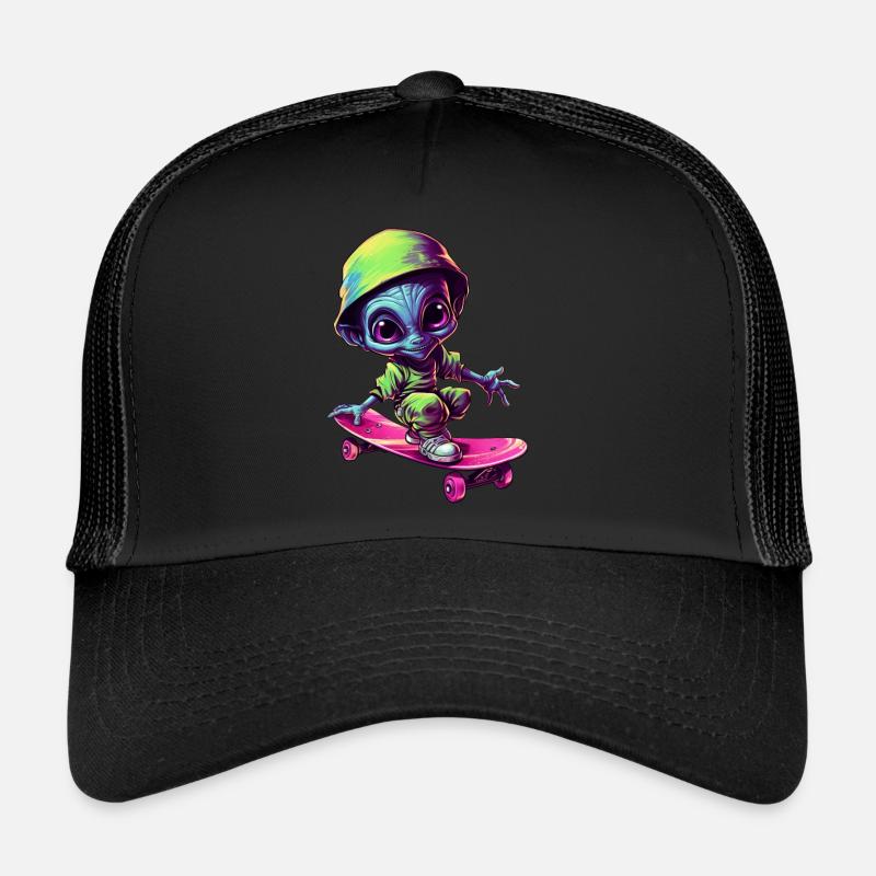 Blue-Pink Alien Skateboarder: Cosmic Tricks Trucker Cap