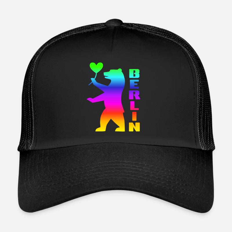 Pride Berliner Bär mit Herz Regenbogen Flagge - Trucker Cap - Schwarz/Schwarz