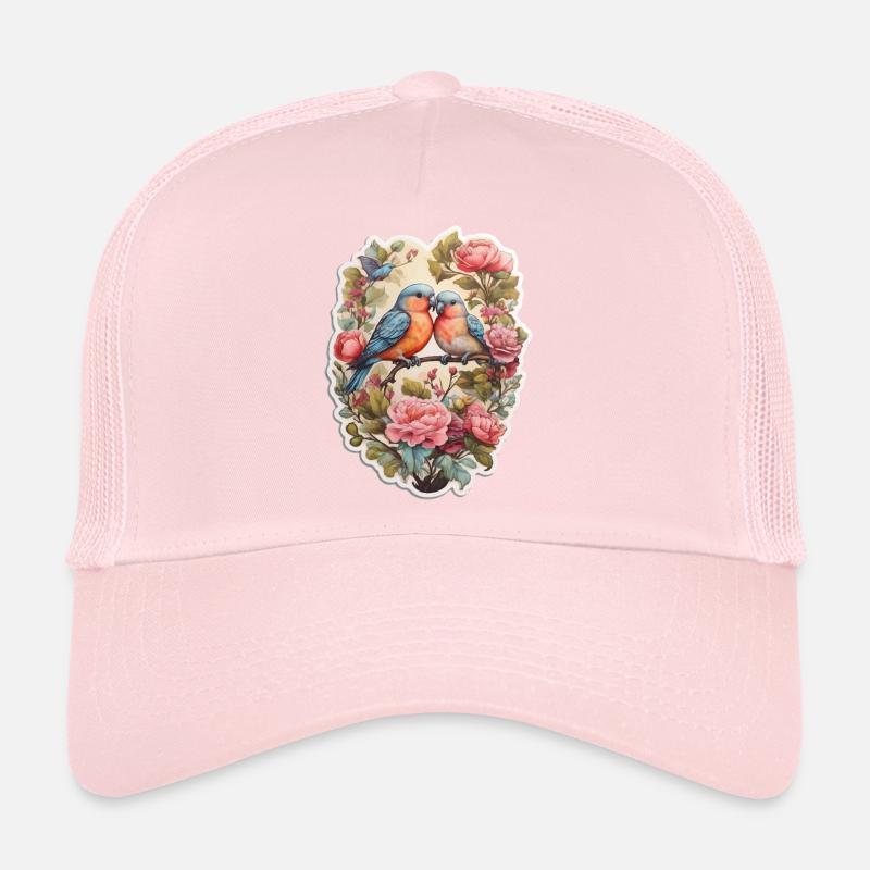 Two lovebirds sit on a heart-shaped ace Trucker Cap