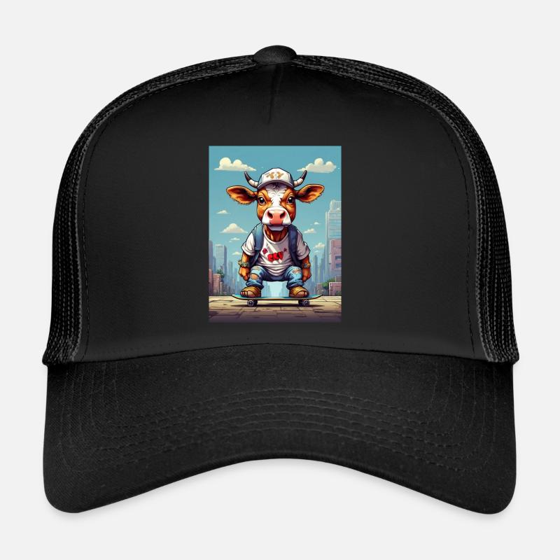 Comic Kuh auf Skateboard - Trucker Cap - Schwarz/Schwarz
