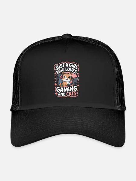 Gaming Computer Console Girl Cat - Trucker Cap - black/black - Front