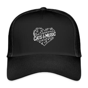 Ich liebe Katzen und Musik Herz aus Musiknoten - Trucker Cap - Schwarz/Schwarz - Vorne