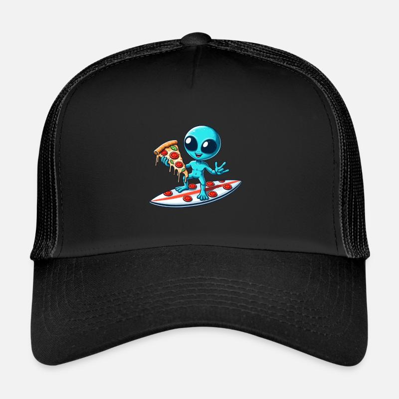 Cooler Alien Surfer mit Pizza Trucker Cap