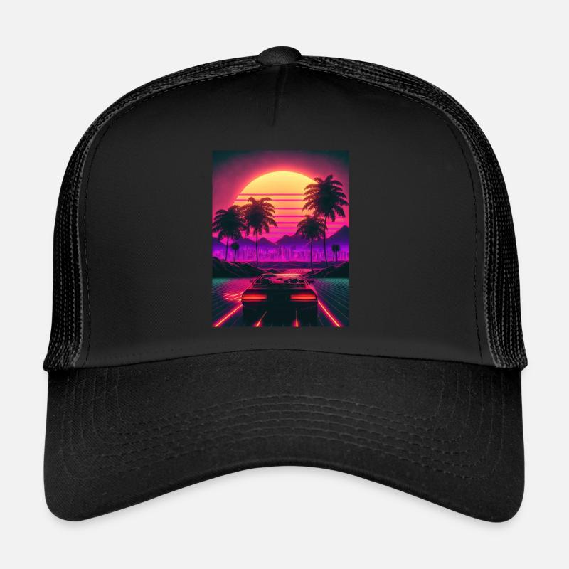 Retro Ride: Auf den Synthwave-Wellen der Sonne Trucker Cap