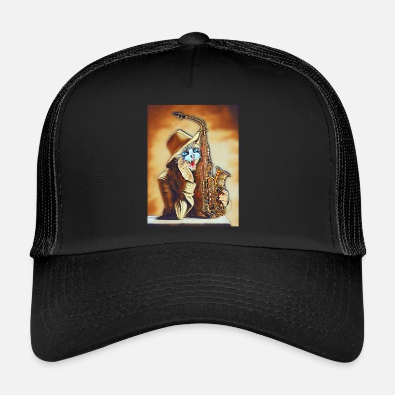 Katze spielt Saxophon - Trucker Cap - Schwarz/Schwarz