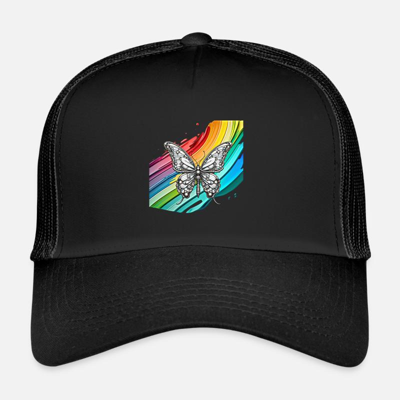 Steampunk Schmetterling mit Regenbogen Hintergrund - Trucker Cap - Schwarz/Schwarz
