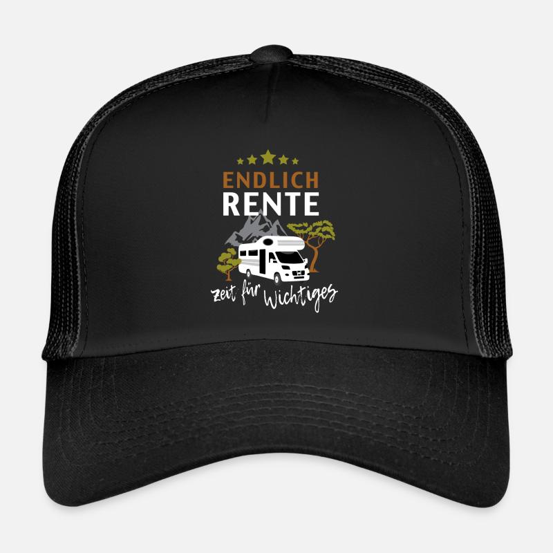Endlich Rente Wohnmobil Camping Geschenk Shirt - Trucker Cap - Schwarz/Schwarz