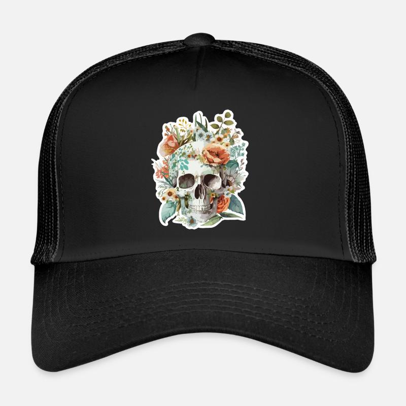 Human Skull & Flowers 10 - Trucker Cap - black/black