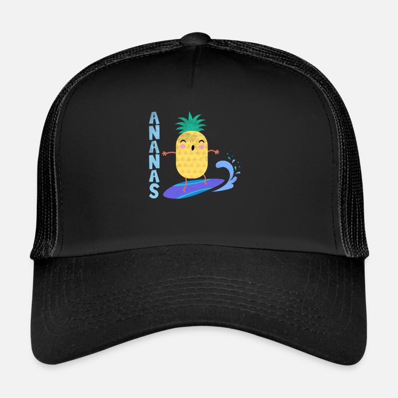 pineapple riding waves on a surfboard, Trucker Cap