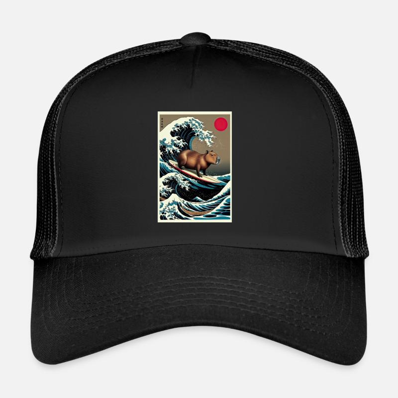 Capybara Surfen Eine Große Welle Kanagawa - Trucker Cap - Schwarz/Schwarz