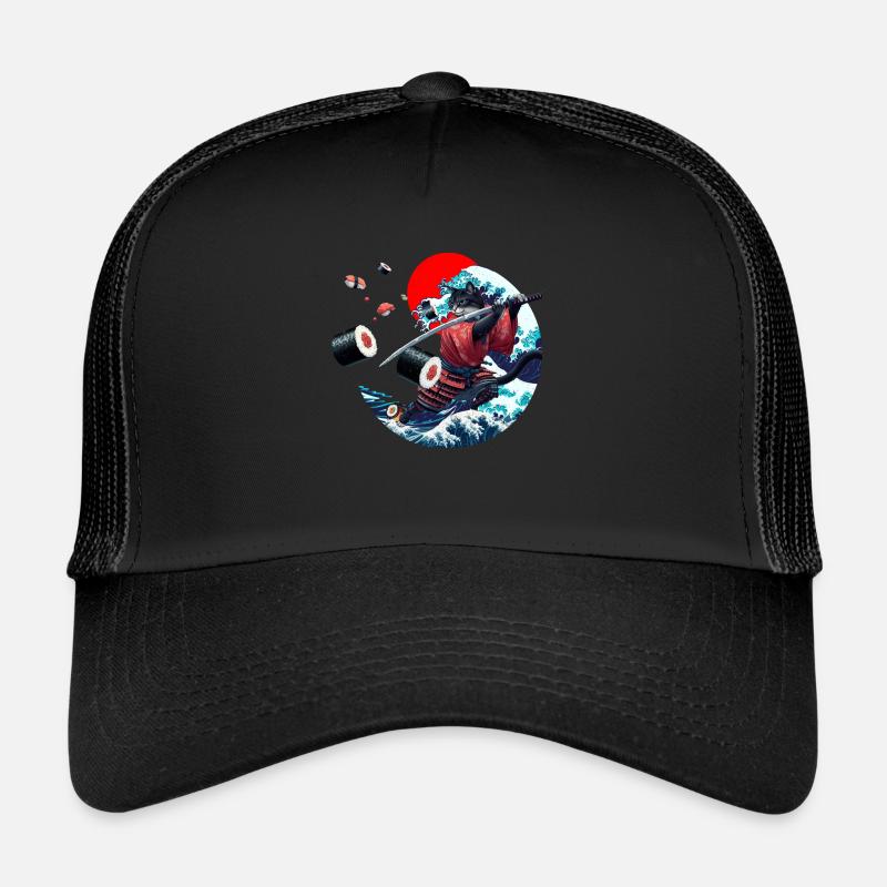 Japanische Samurai-Katze sush - Trucker Cap - Schwarz/Schwarz