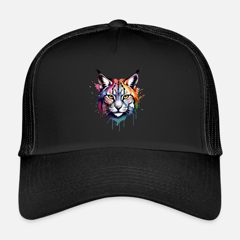 Luchs, Katze, Cool, Cool, Bunt, Aquarell - Trucker Cap - Schwarz/Schwarz