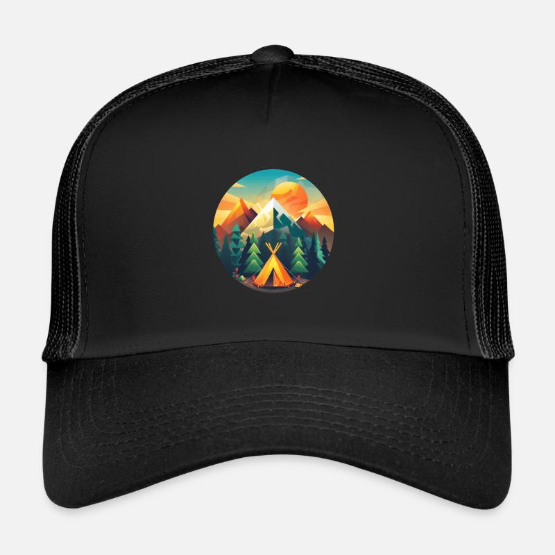 Camping Design Modern Retro – Low Poly Zelt & Berg Trucker Cap