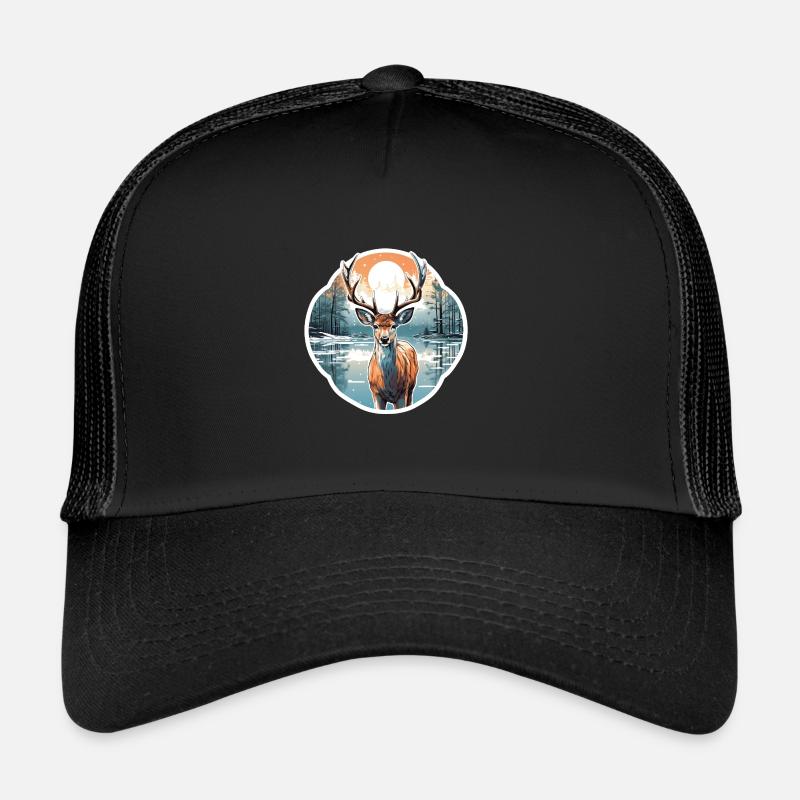 Hirsch in Winterlandschaft - Trucker Cap - Schwarz/Schwarz