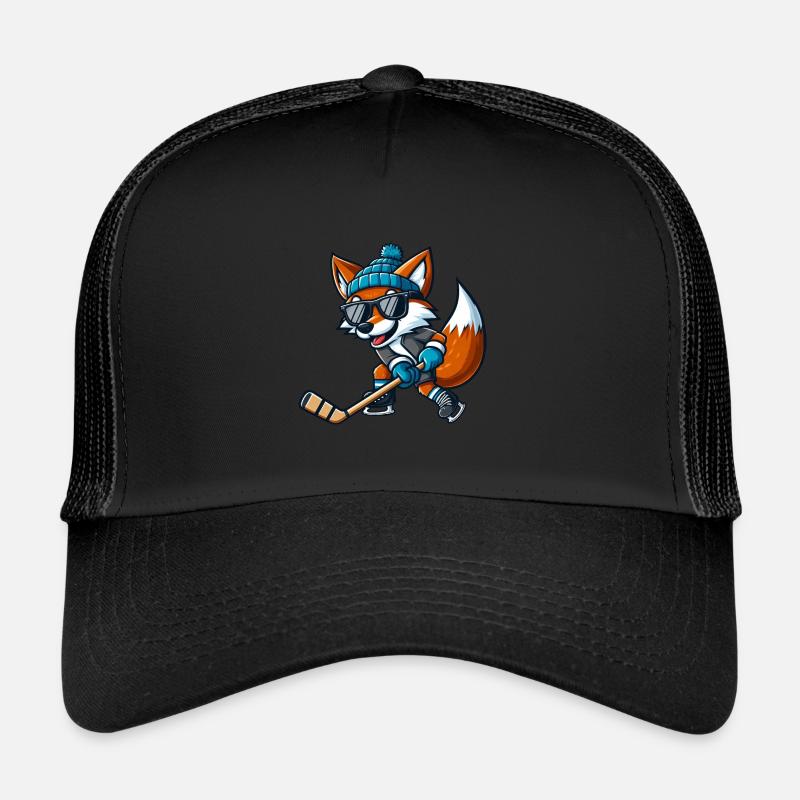 Cool Fox Ice Hockey Player Cartoon Comic Design Trucker Cap