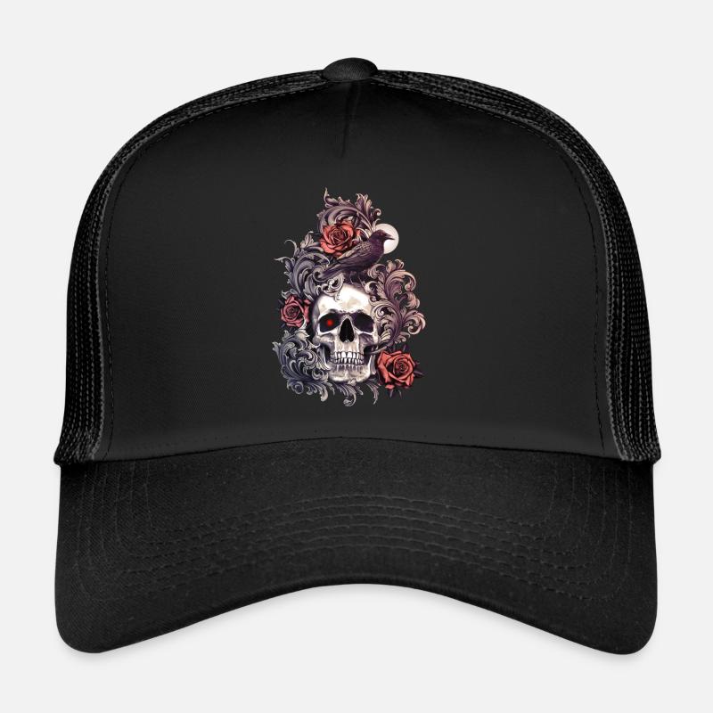 Schädelkrähe und Rosen Trucker Cap
