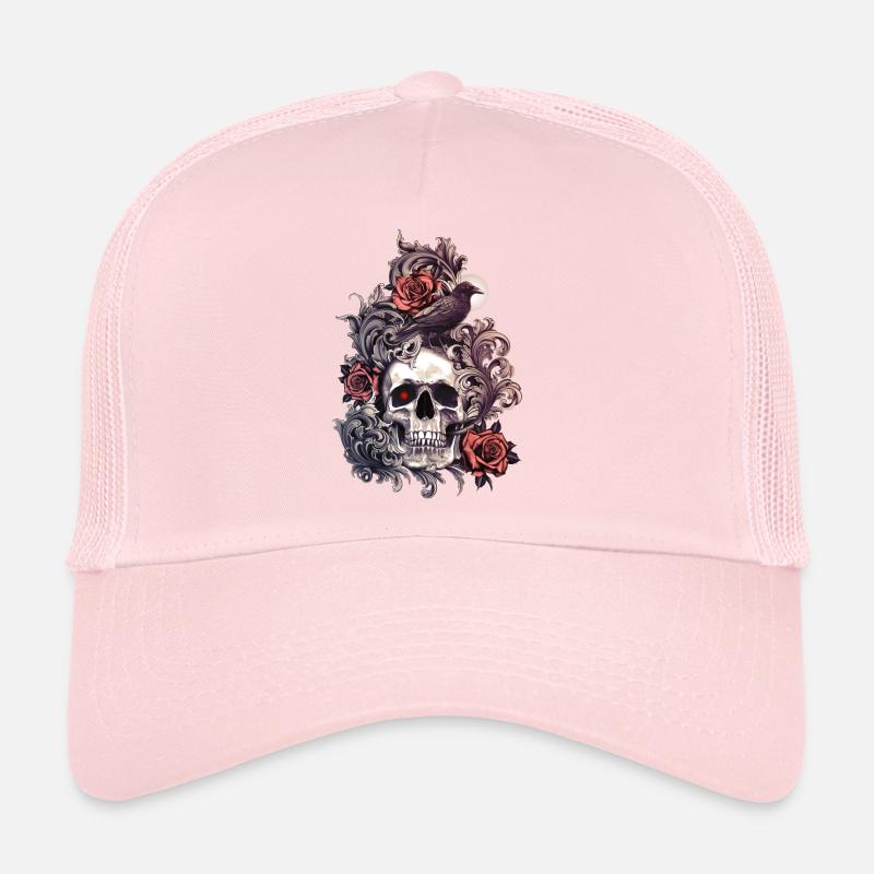 Schädelkrähe und Rosen Trucker Cap