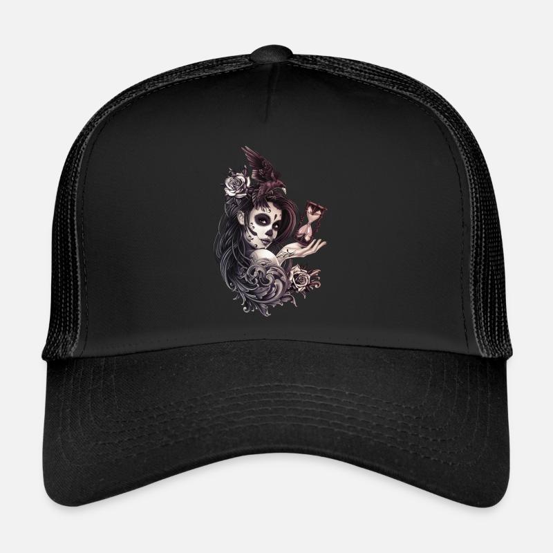 Tattoo Style Sugar Skull Mädchen mit Vogel - Trucker Cap - Schwarz/Schwarz