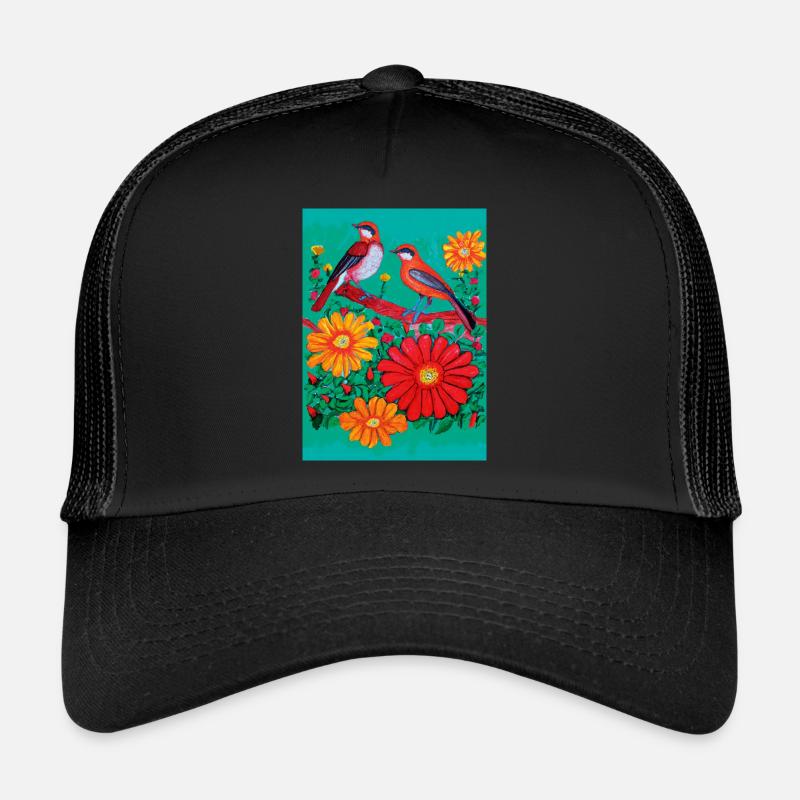 Deux oiseaux dans le jardin avec des fleurs Casquette trucker 