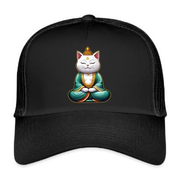 Niedliche weiße Katze in Buddha Yoga Position - Trucker Cap - Schwarz/Schwarz - Vorne