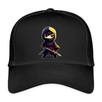 Niedlicher kleiner Ninja mit Katana Schwert - Trucker Cap - Schwarz/Schwarz - Vorne