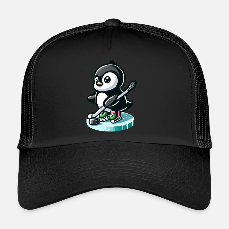 Pinguin Eishockeyspieler mit Puck und Trucker Cap