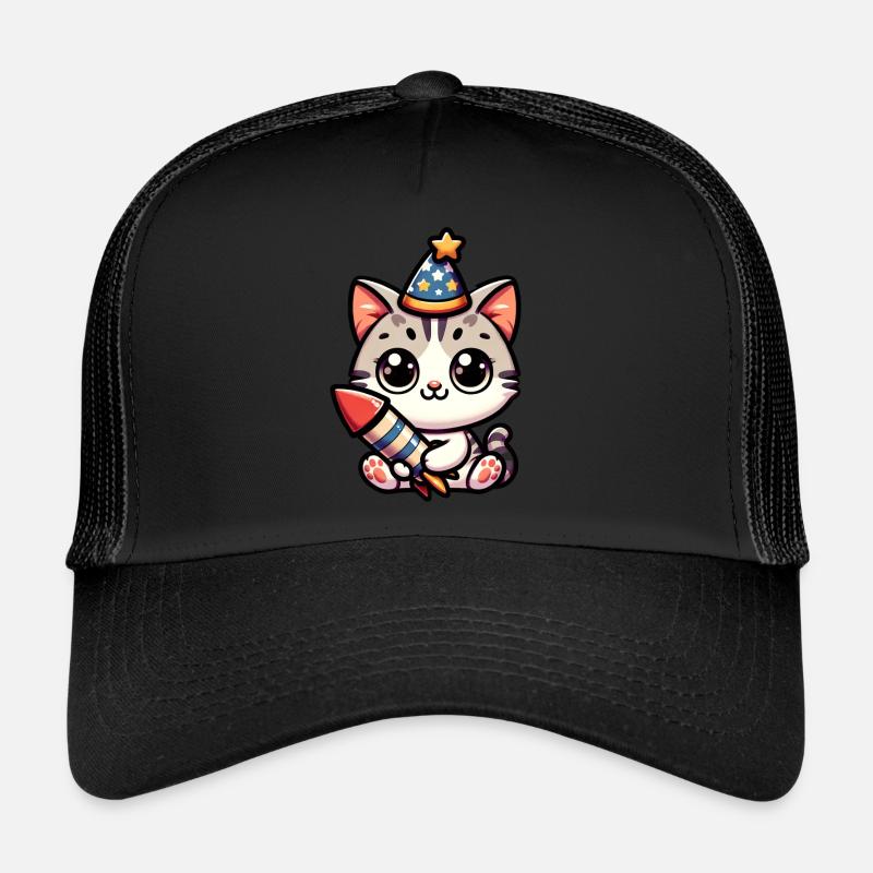 Neujahr Sylvester Katze Rakete Süß Comic Trucker Cap