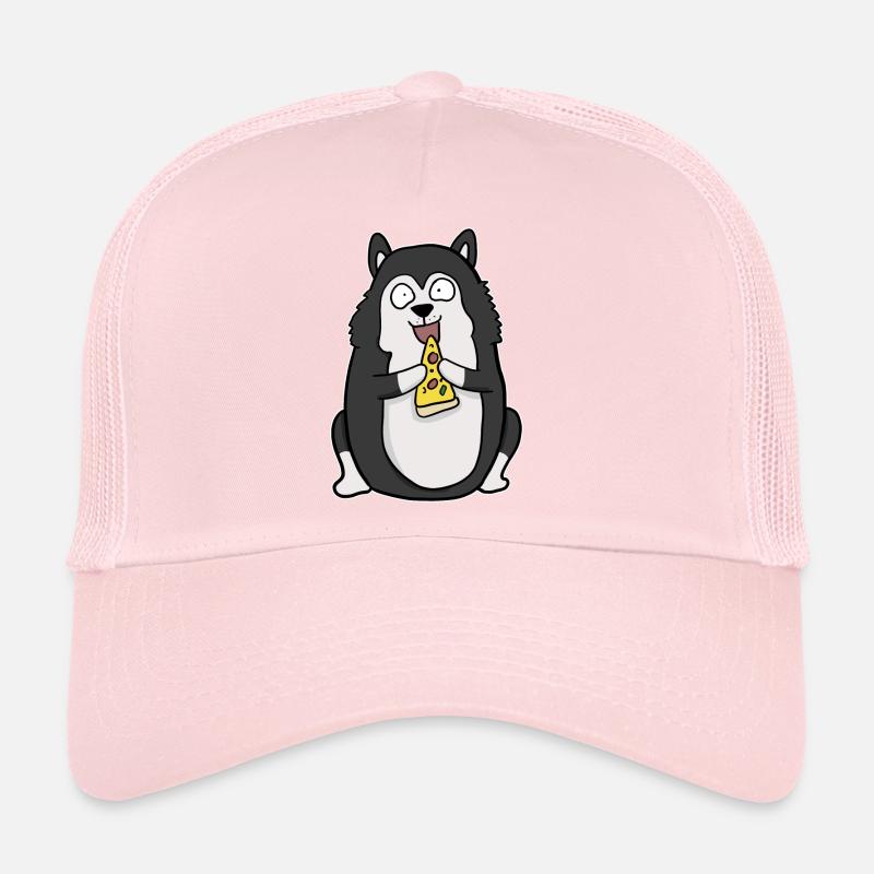 Fat Husky Dog Eating Pizza Funny Comic Style Trucker Cap