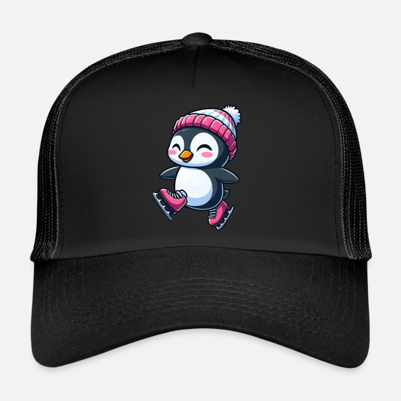 Süßer Cartoon Pinguin Eislaufen Eiskunstlauf - Trucker Cap - Schwarz/Schwarz