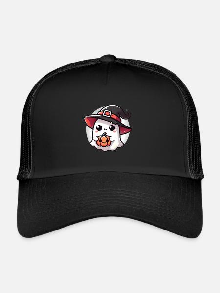 Fantôme d’Halloween mignon avec chapeau de sorcière - Casquette trucker  - noir/noir - Devant