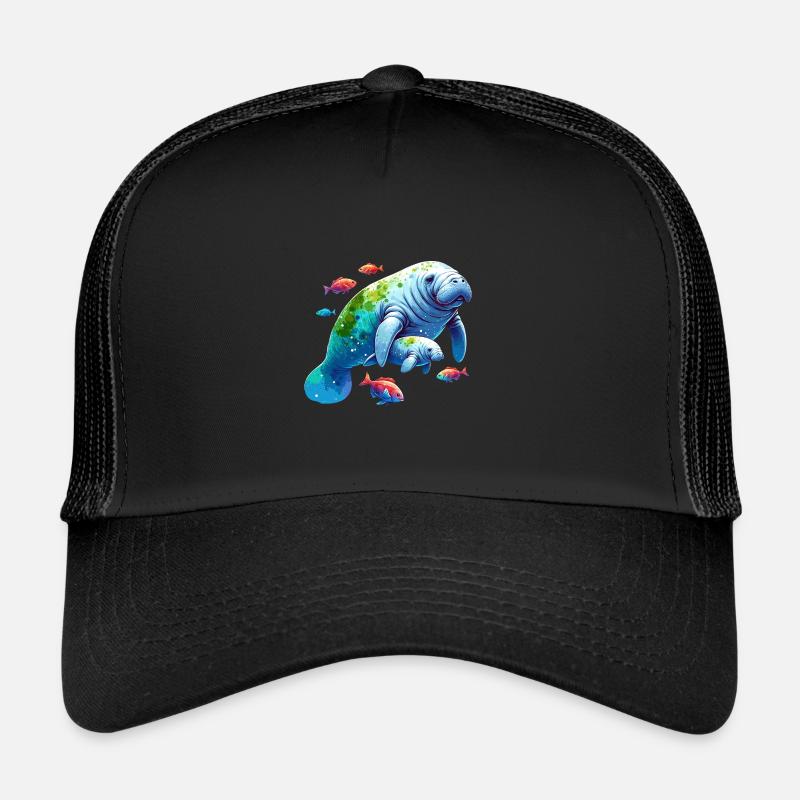 Manatee with calf and small colorful fish Trucker Cap