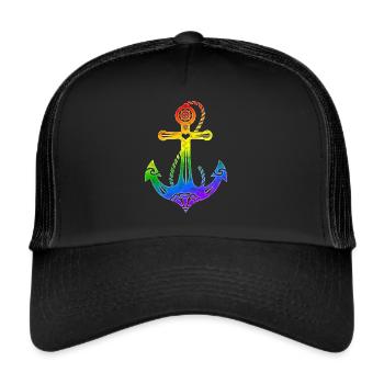 Regenbogen Anker Gay Pride, LGBT, LGBTQ, Rave, CSD - Trucker Cap - Schwarz/Schwarz - Vorne