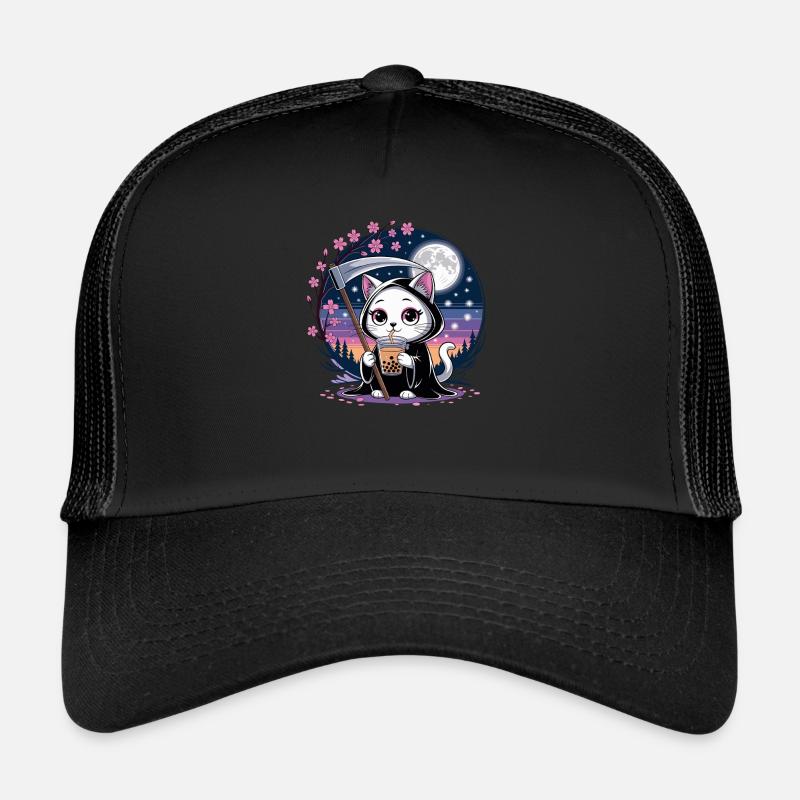 Grim Reaper Anime Cat Cherry Blossom Trucker Cap