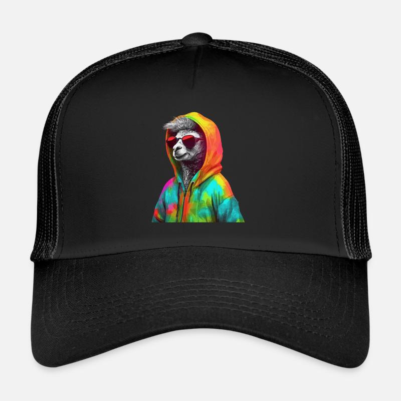 Lama mit Sonnenbrille Bunt Coole Alpaka Llama - Trucker Cap - Schwarz/Schwarz