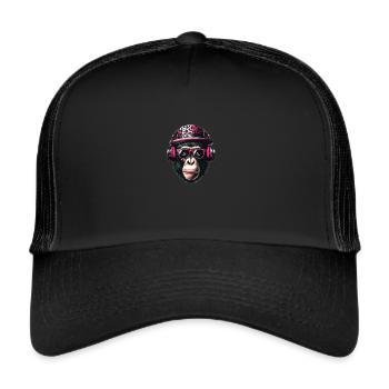 Comic Affe mit Sonnenbrille Kopfhöhrer und Hut - Trucker Cap - Schwarz/Schwarz - Vorne