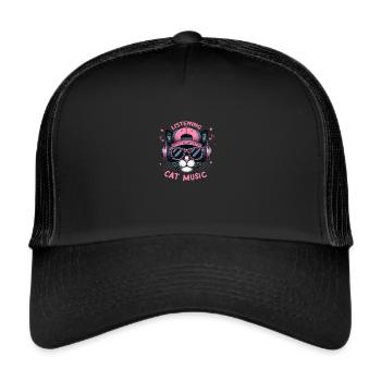 Chat comique avec des écouteurs et des lunettes de soleil à l’écoute - Casquette trucker  - noir/noir - Devant