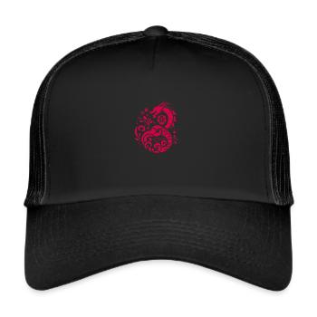 Traditioneller Drache - Florales Muster - Trucker Cap - Schwarz/Schwarz - Vorne