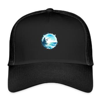 Angler mit Angel fischt am Meer - Trucker Cap - Schwarz/Schwarz - Vorne