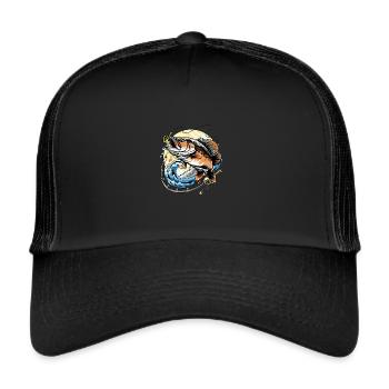 Fisch Fischen mit Angelrute - Trucker Cap - Schwarz/Schwarz - Vorne