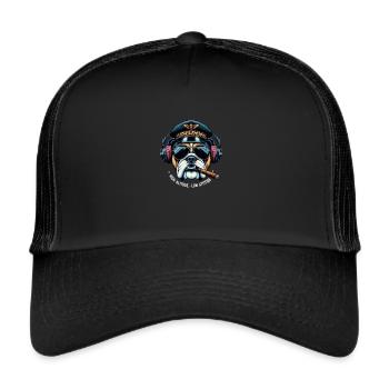 Hund mit Sonnenbrille und Pilotenmütze und - Trucker Cap - Schwarz/Schwarz - Vorne