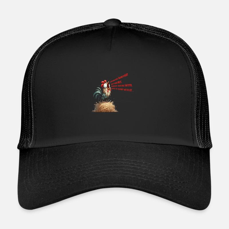 Comic rooster crowing on straw bale Trucker Cap