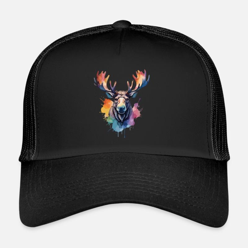 Elch Cool König des Waldes Aquarelle - Trucker Cap - Schwarz/Schwarz