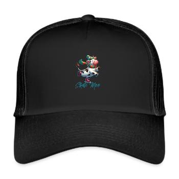 Cow Skating Winter Cartoon - Trucker Cap - black/black - Front