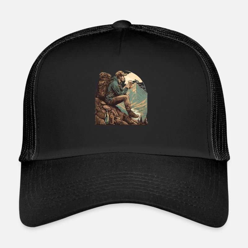 Hiker sitting on the mountain enjoys view with beer Trucker Cap
