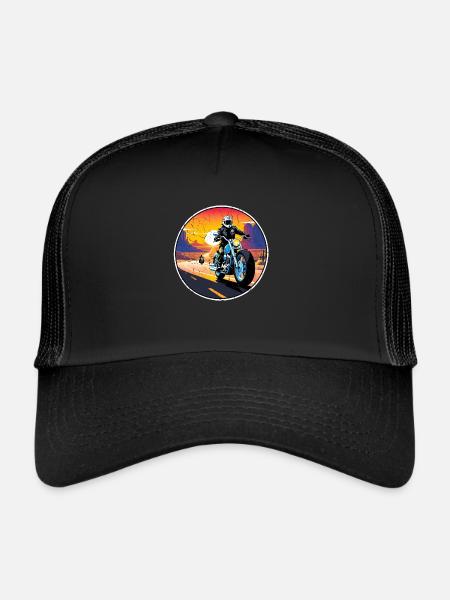 moto et couché de soleil, cadeau motard - Casquette trucker  - noir/noir - Devant