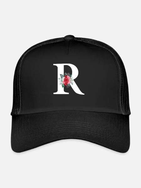 Red Floral Letter R - Trucker Cap - black/black - Front