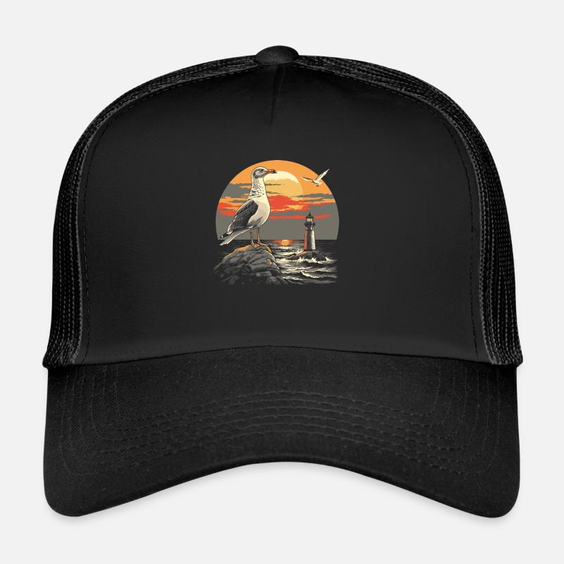 Möwe Seevogel Leuchtturm Sunset - Trucker Cap - Schwarz/Schwarz