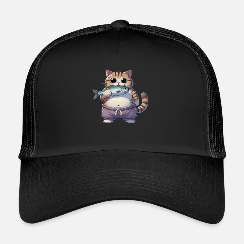 Katze mit Fisch - Trucker Cap - Schwarz/Schwarz